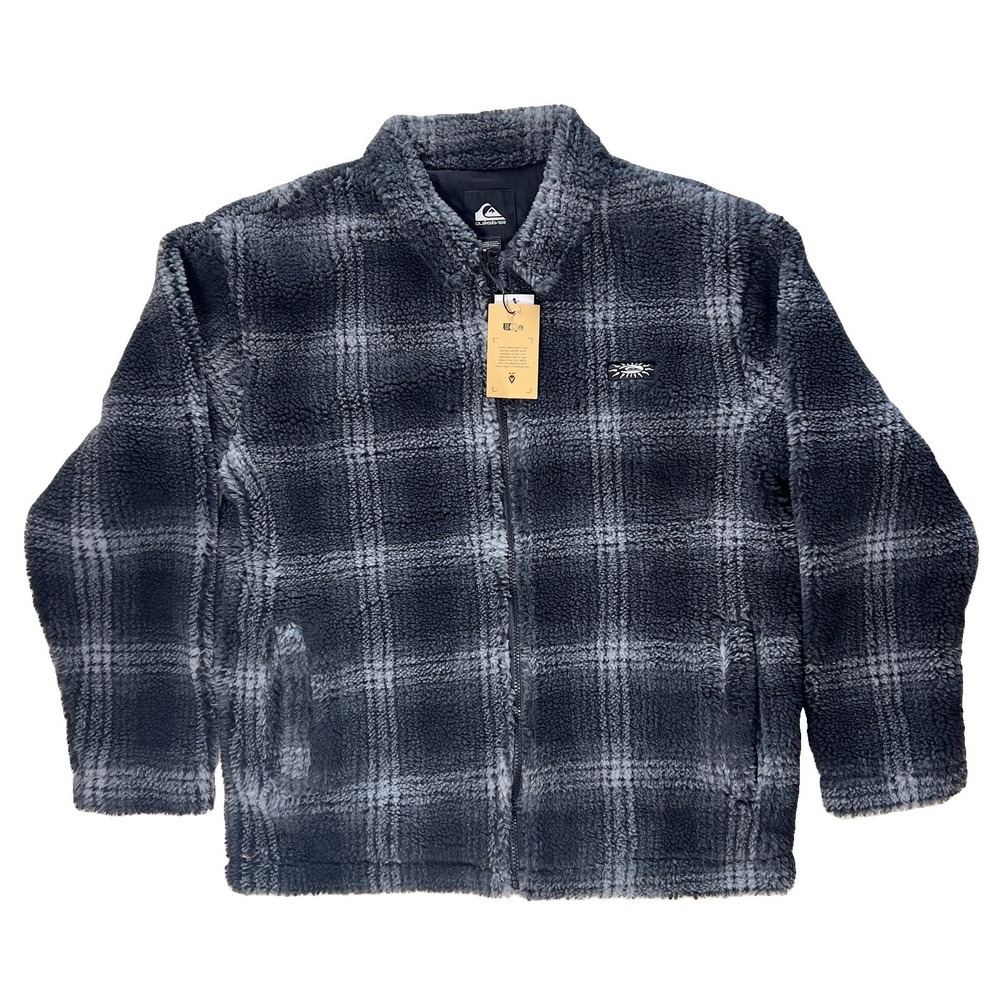 NWT Quiksilver Deck Plaid Fleece Zip Jacket Men's Medium Black Grey Skater Prep